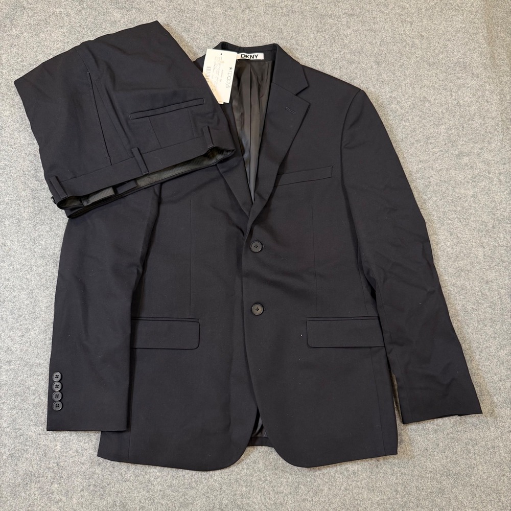 DKNY Mens 2 Piece Suit Navy Blue 36S Slim Fit Stretch Blazer Trousers Set